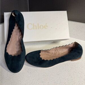 Chloé Suede Scalloped Accent Ballet English Green Flats 38.5